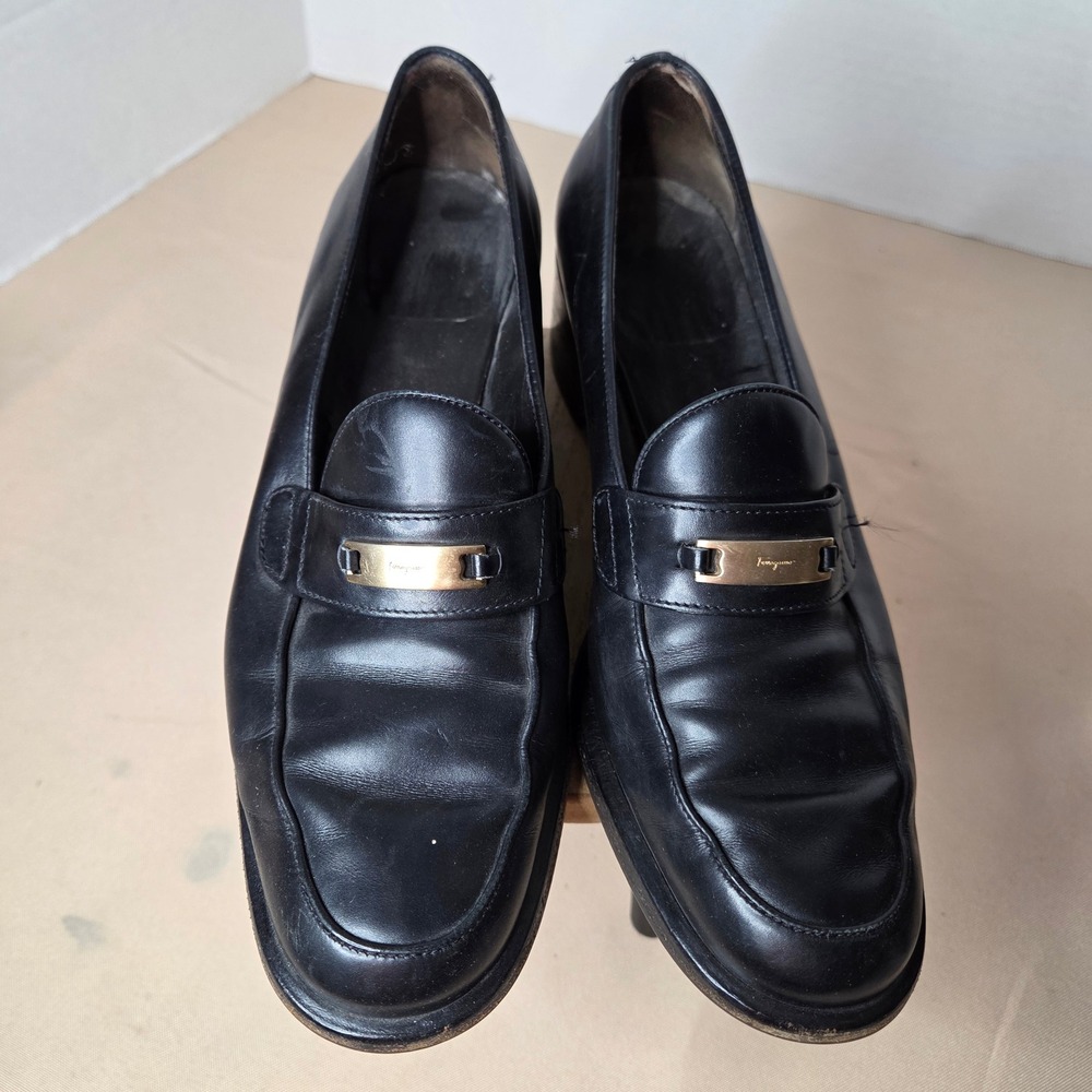 Salvatore Ferragamo Black Leather Block Heel Loafers Gold Logo Italy women 6.5B - Picture 1 of 15